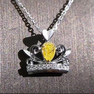 🍁 Lovely Crown Shape Yellow Crystal Pur Pear Zircon Silver Necklace, UNVN12409